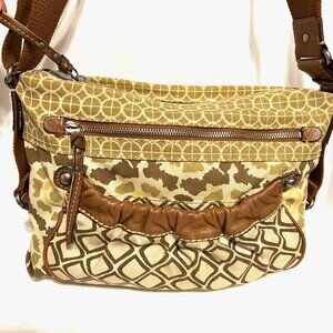 Fossil Canvas Leather Trim Geometric Retro Print-Crossbody Shoulder Purse-Tan/Ye